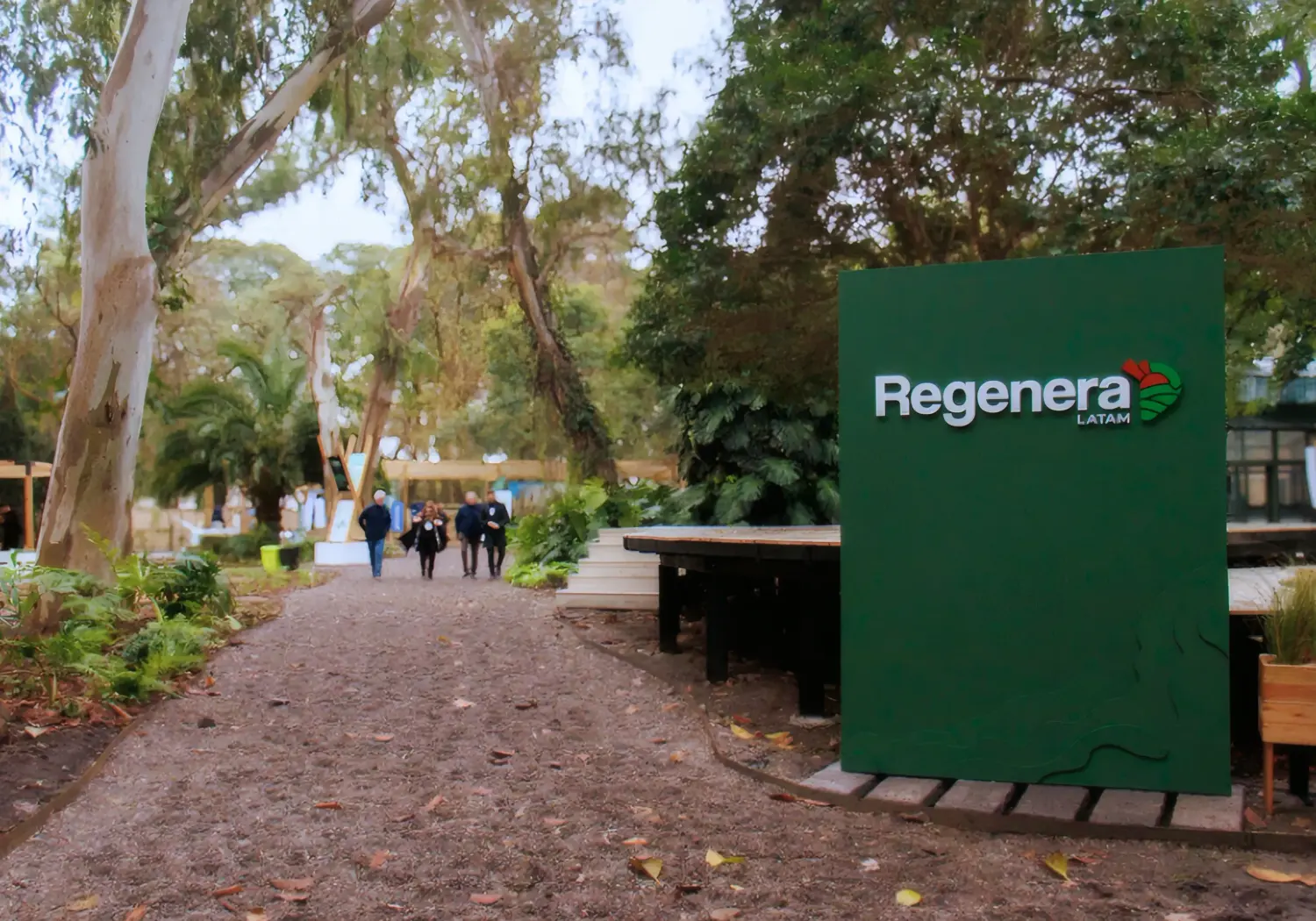 Un camino entre los árboles del predio, con el panel de Regenera LATAM al costado
